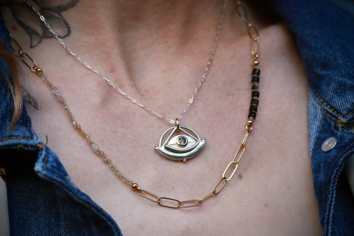 Herkimer Diamond, Agate and Gold Necklace