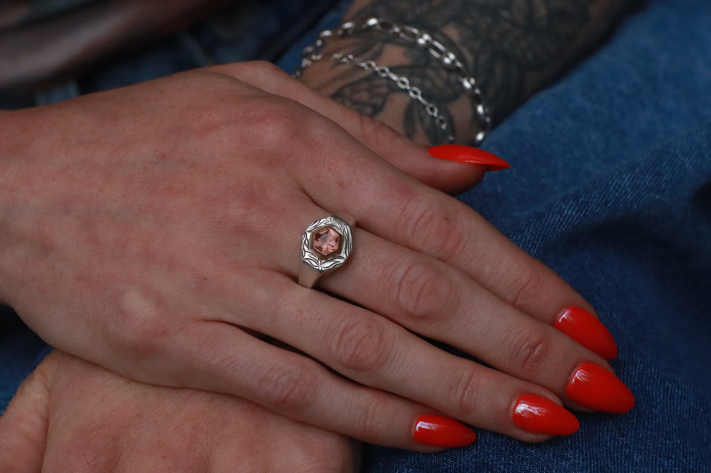 Sunstone + Floral Signet Ring