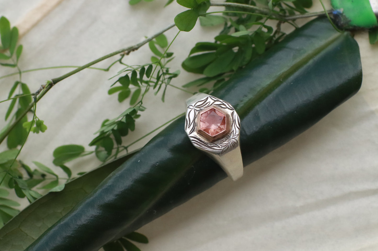 Sunstone + Floral Signet Ring